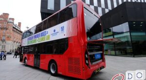 Two-storey hydrogen bus arriving in Liverpool