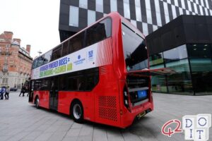 Two-storey hydrogen bus arriving in Liverpool