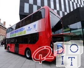 Two-storey hydrogen bus arriving in Liverpool