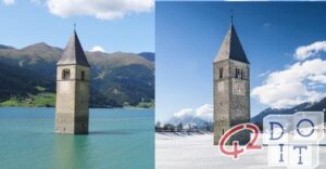 Resia, Val Venosta, lac, Tyrol du Sud, Italie, voyage, tourisme, clocher, submergé, clocher immergé,